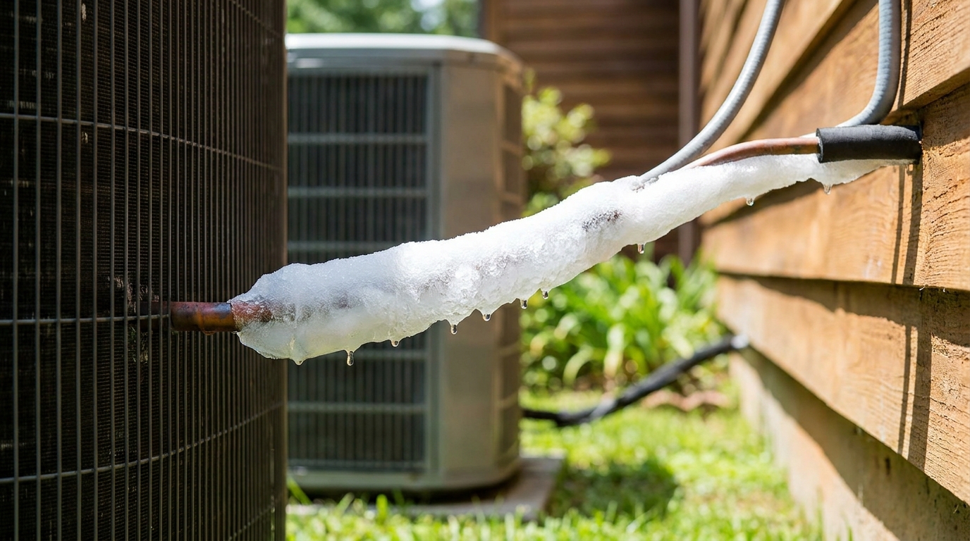 Frost and ice buildup on the copper refrigerant line of a residential outdoor AC condenser unit
