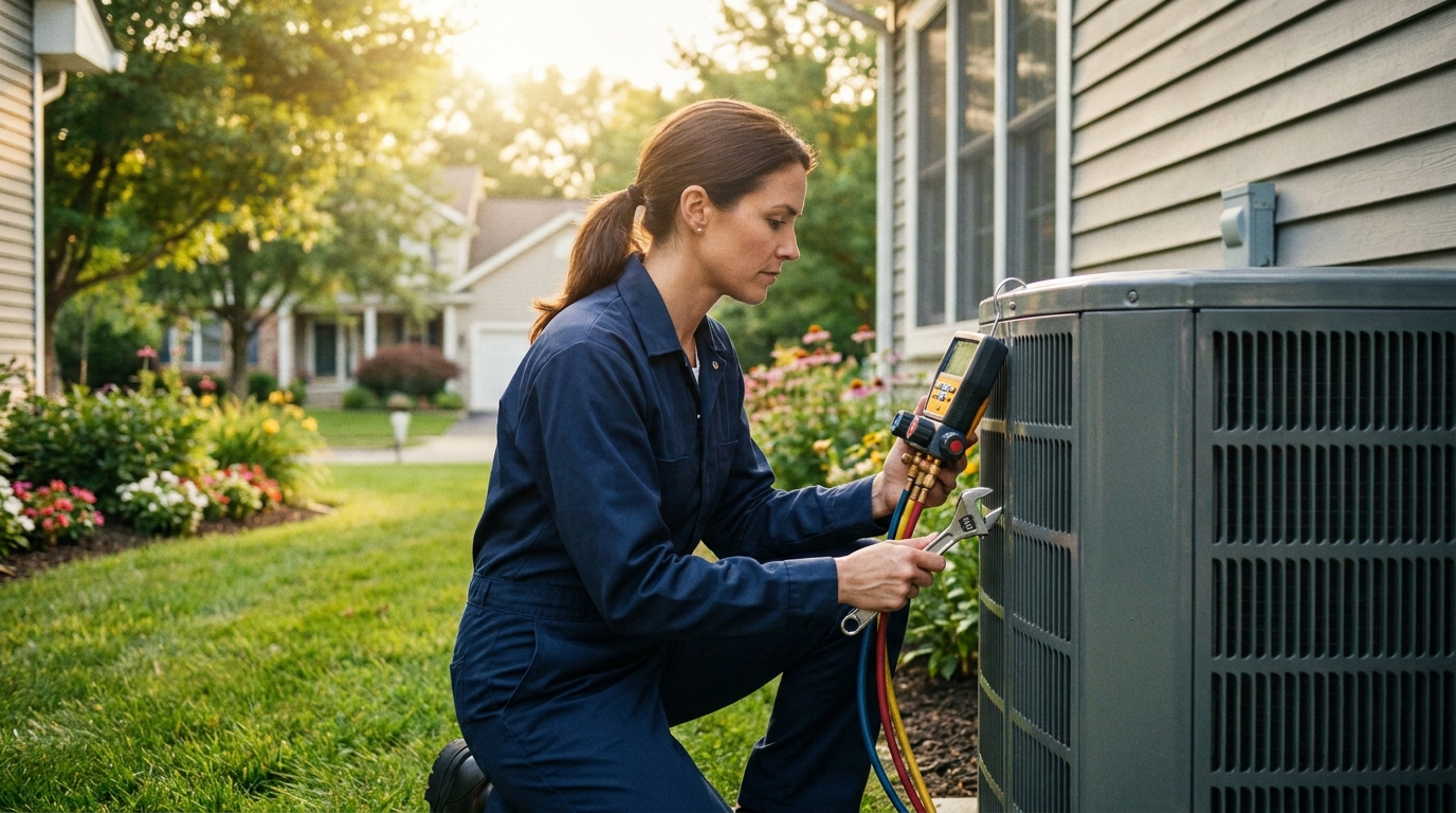 HVAC technician servicing an outdoor air conditioning condenser unit beside an Alabama home in summer