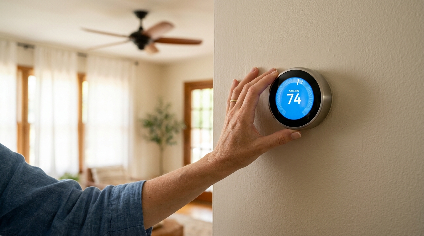A homeowner adjusting a smart thermostat set to cooling mode in a bright Southern home with a ceiling fan in the background