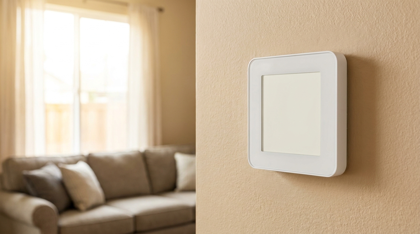 Modern white digital thermostat mounted on the wall of a sunlit Alabama living room