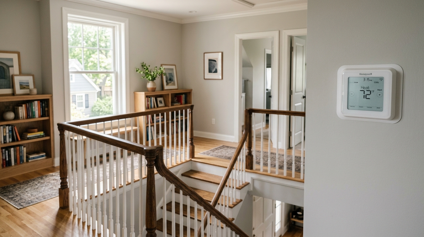 Upstairs landing and staircase of a two-story Alabama home with a wall-mounted digital thermostat in the foreground