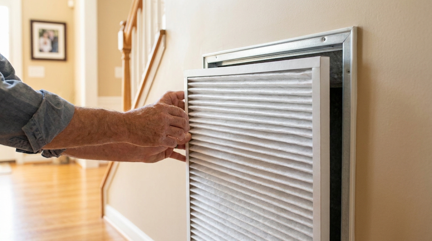 Homeowner sliding a clean pleated air filter into a hallway return-air vent in an Alabama home