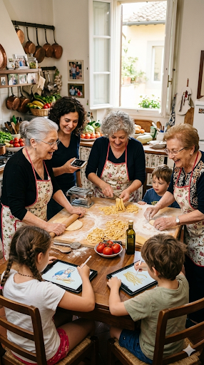 Three elderly women making pasta with two children drawing pasta shapes at a kitchen table.