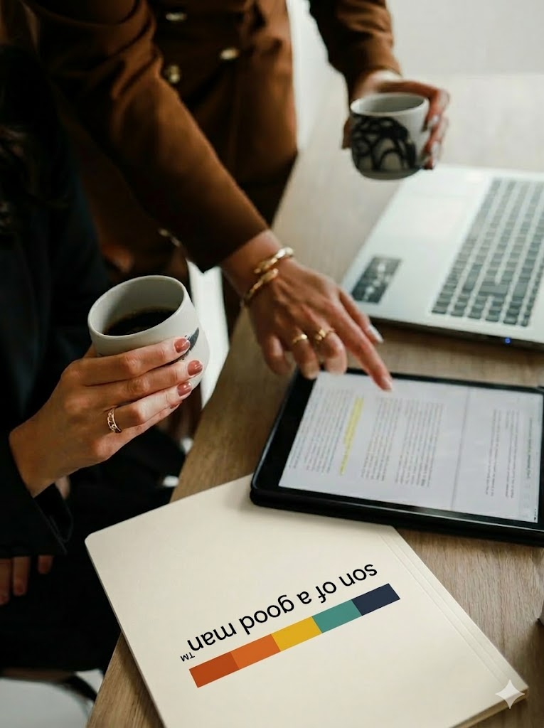 Two people holding coffee cups and looking at a tablet with highlighted text, with a folder on the table labeled 'Son of a Good Man' and a colorful bar graphic.