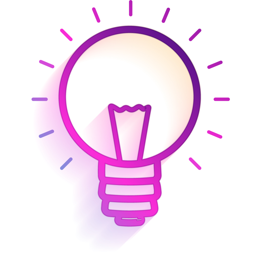 Stylized light bulb icon with purple and pink gradient outline and glowing effect on a white background.