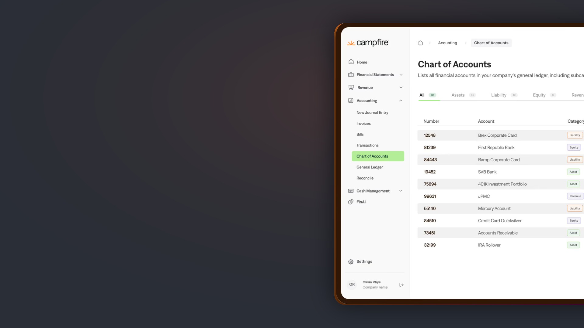 Campfire chart of accounts screen showing the general ledger account list