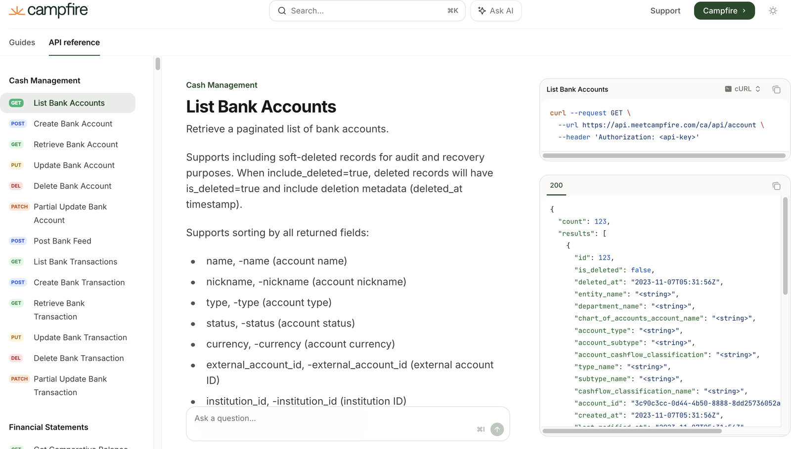 Campfire API reference documentation showing the List Bank Accounts endpoint with a cURL request and JSON response