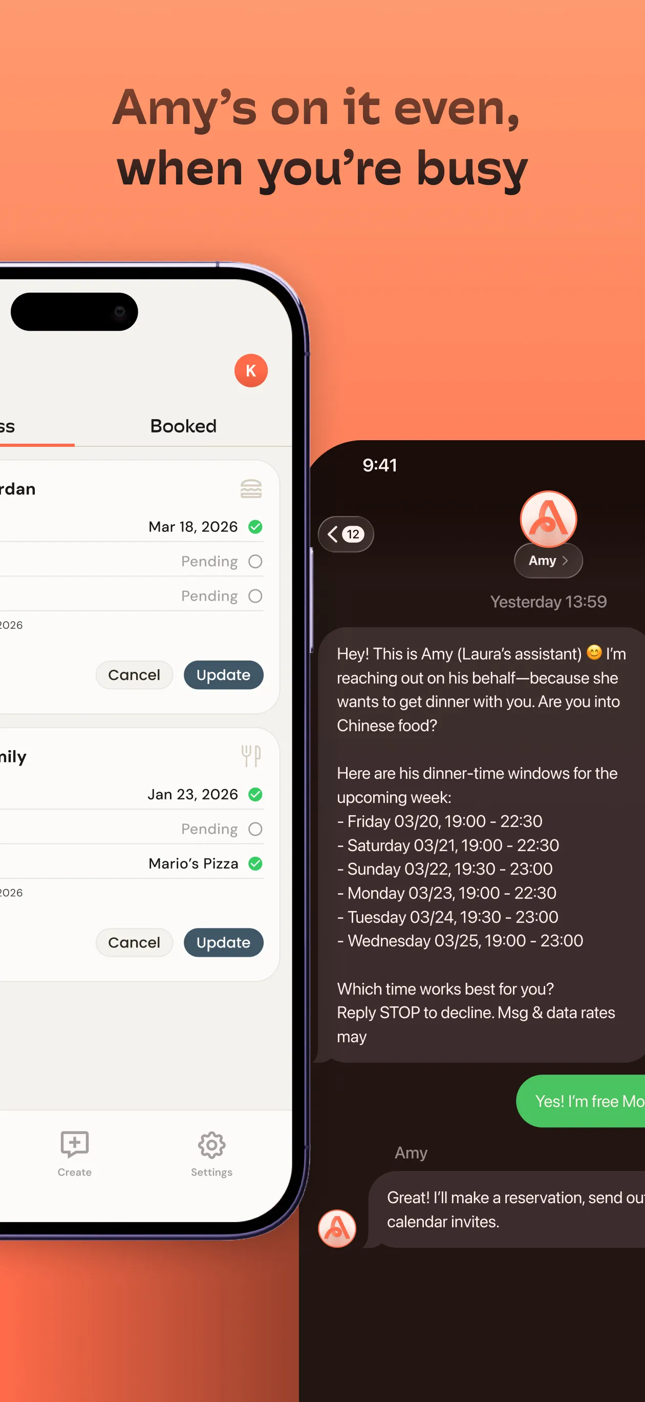 Smartphone screens showing Amy app managing dinner plans with messages listing available dinner times and confirming a reservation.