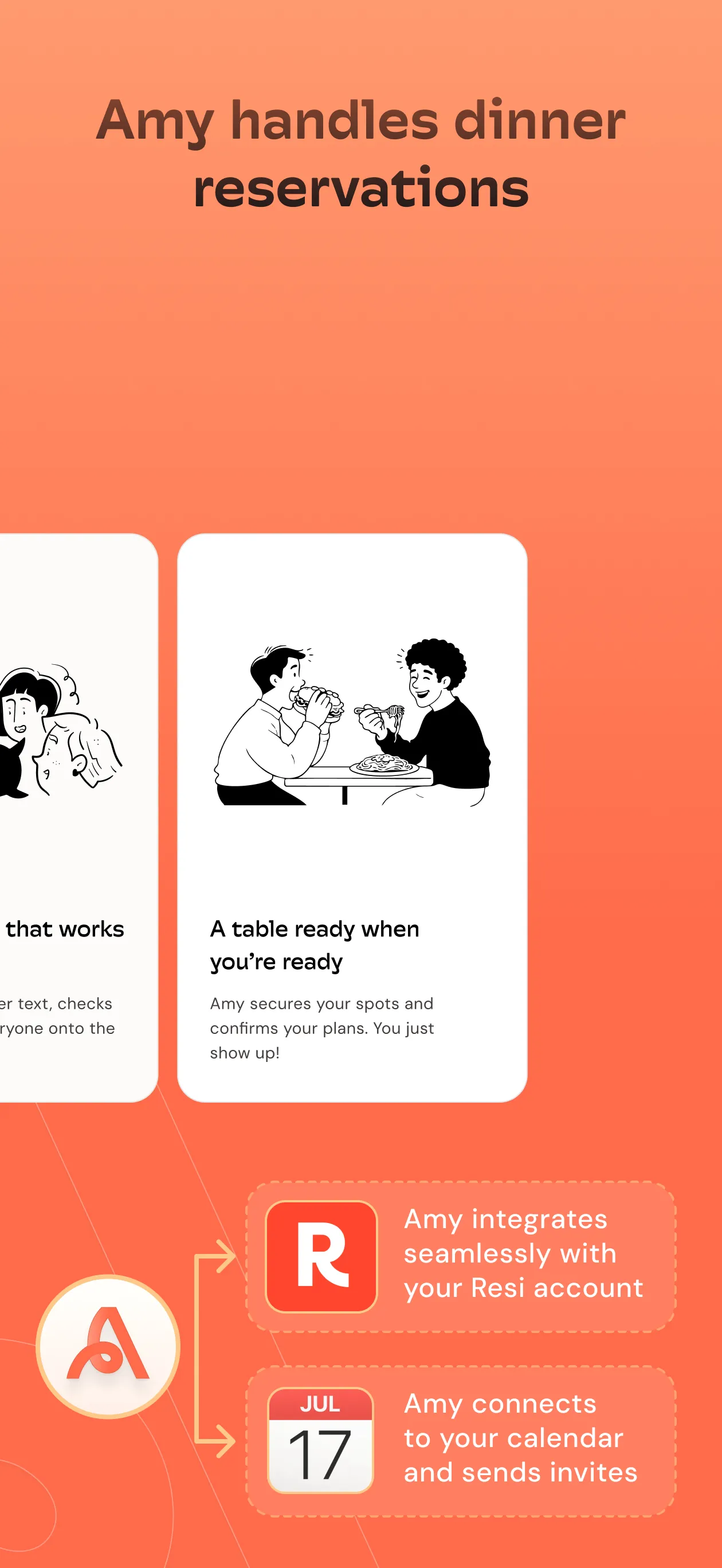 Illustration of two people eating at a restaurant table with text explaining Amy handles dinner reservations, securing spots, and confirming plans, integrating with Resi account and calendar.