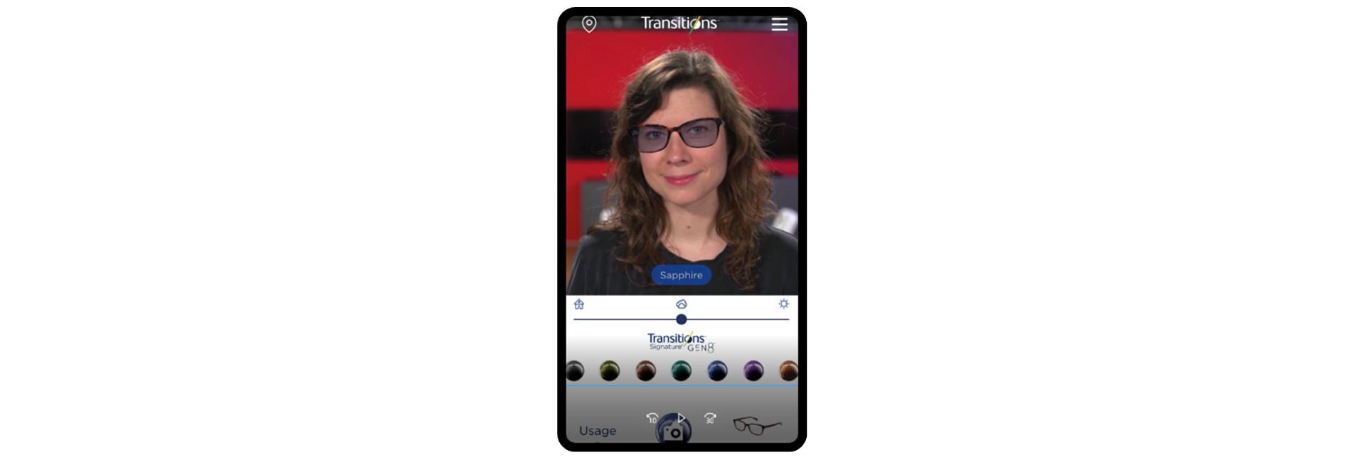 Mobile app screen showing a woman trying on virtual sapphire-tinted eyeglasses from Transitions Signature GEN 8.