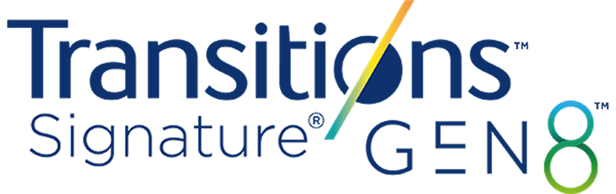 Logo for Transitions Signature Gen 8 lenses with a stylized diagonal line and gradient number 8.