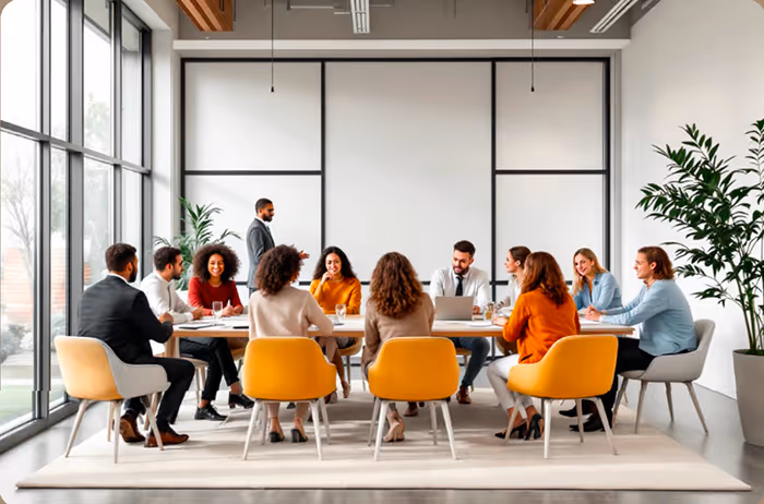A diverse group of businesspeople sitting around a conference table in a modern office during a meeting.