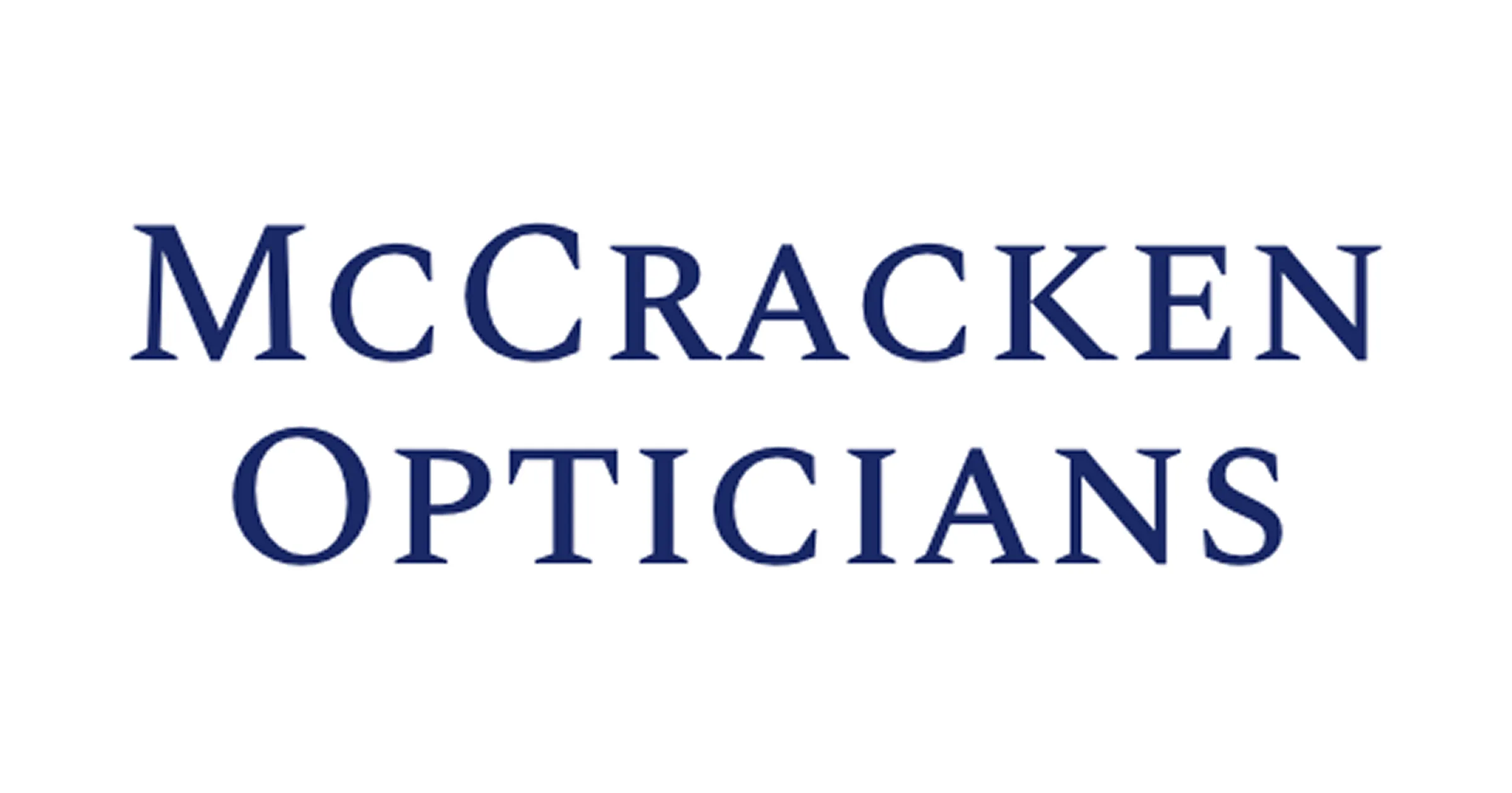 McCracken Opticians text logo in dark blue on a white background.