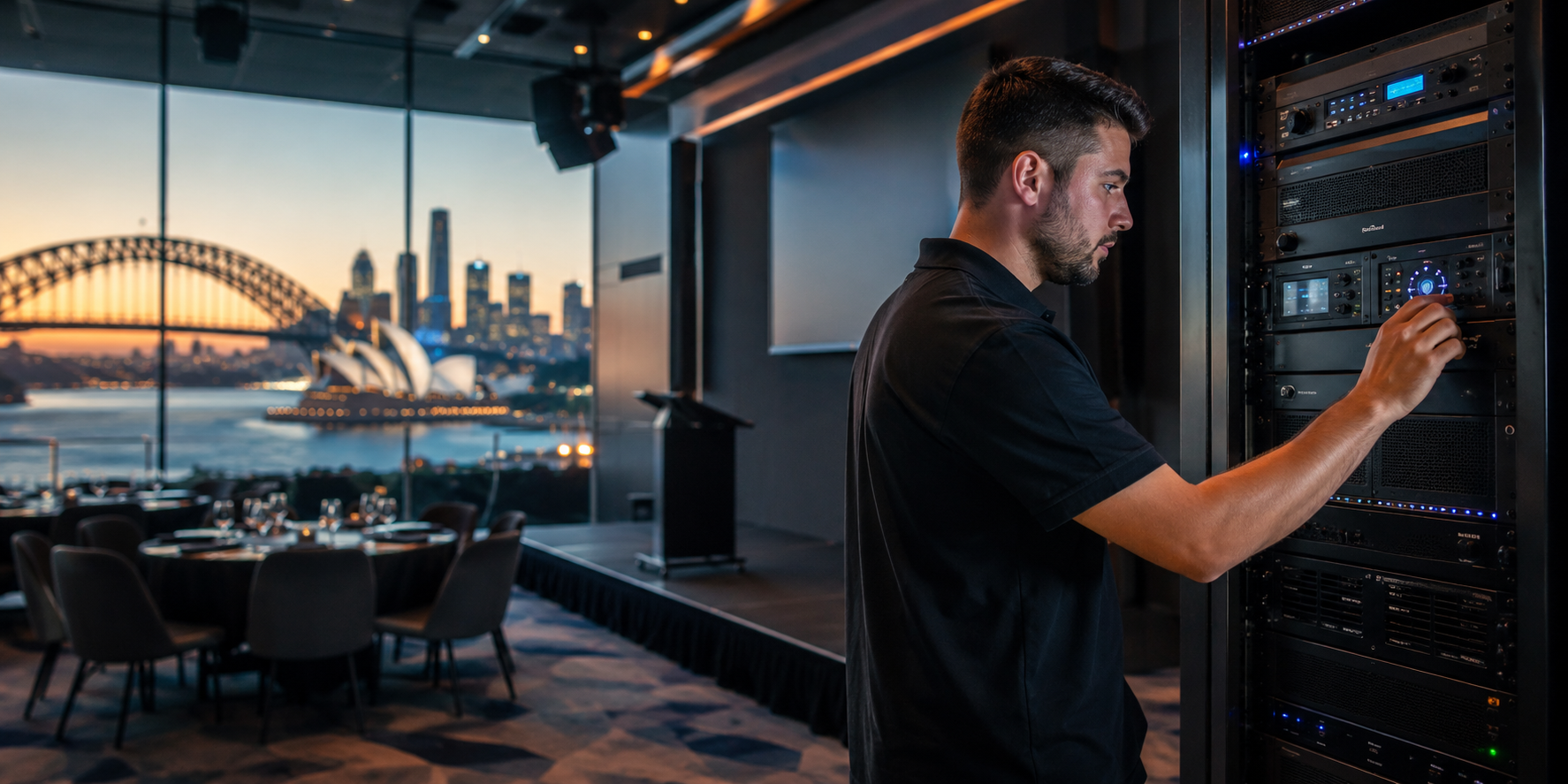 AV support technician checking equipment in an AV rack