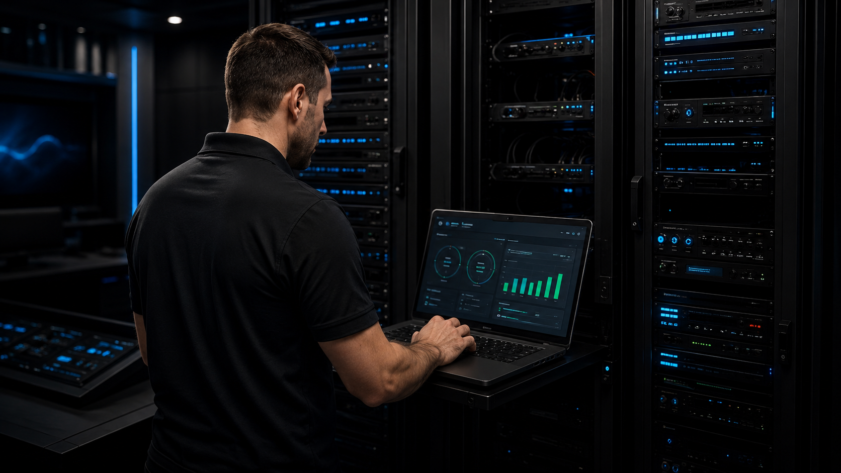 Technician maintaining and monitoring commercial AV systems