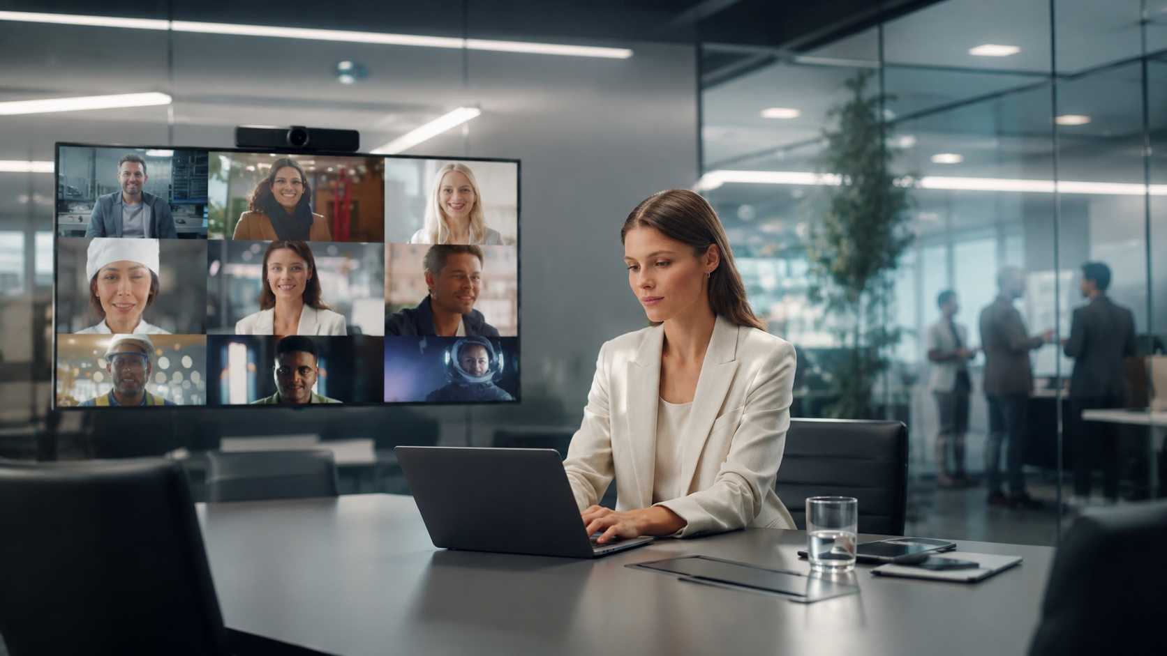 Modern corporate meeting room with a professional using a laptop and an integrated video conferencing display showing remote participants