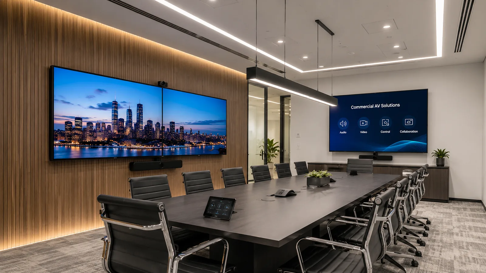 Commercial audio visual installation in a modern corporate workplace