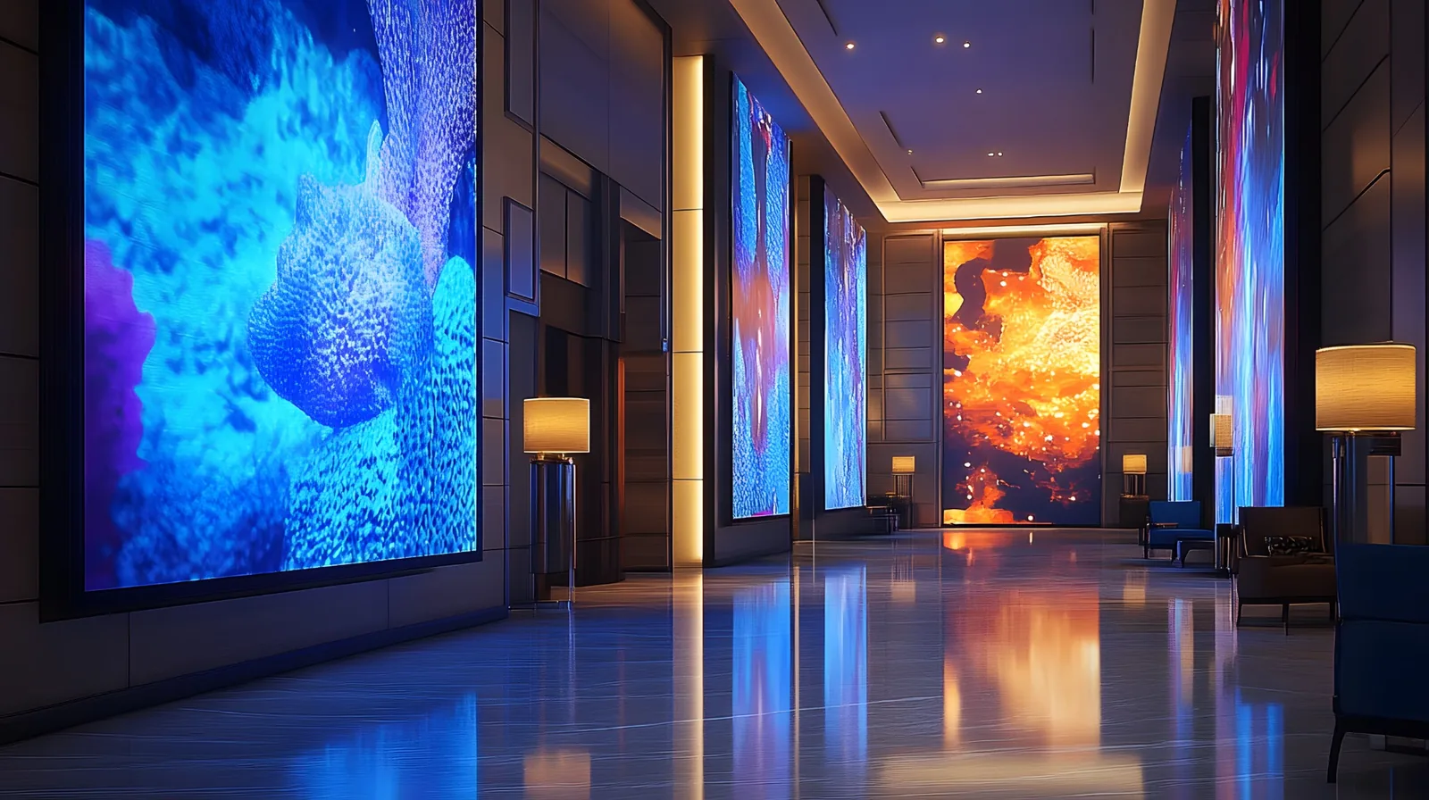 Illustrative commercial interior with large portrait digital signage displays