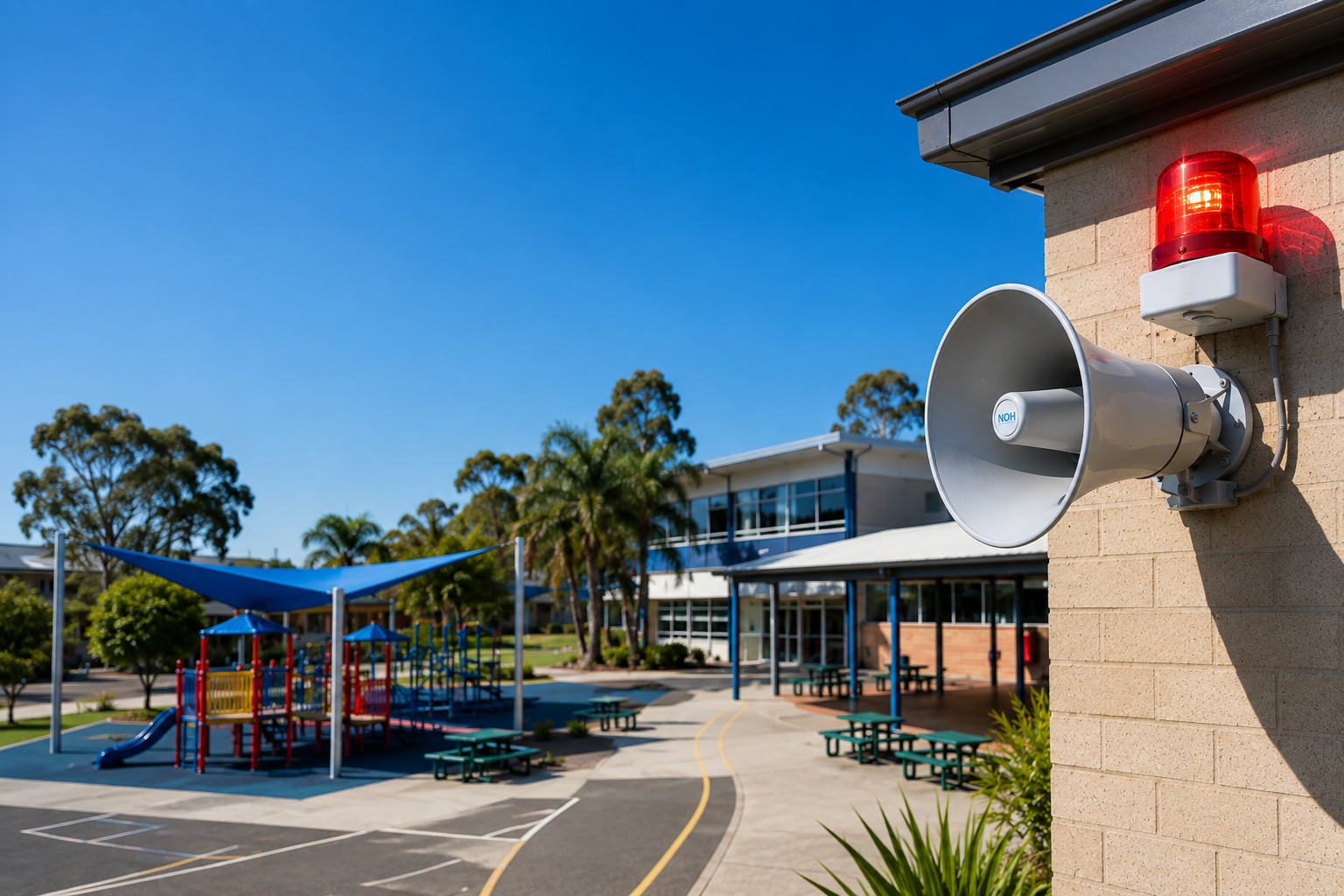 School emergency evacuation system coverage across classrooms, playgrounds, covered walkways and outdoor circulation areas