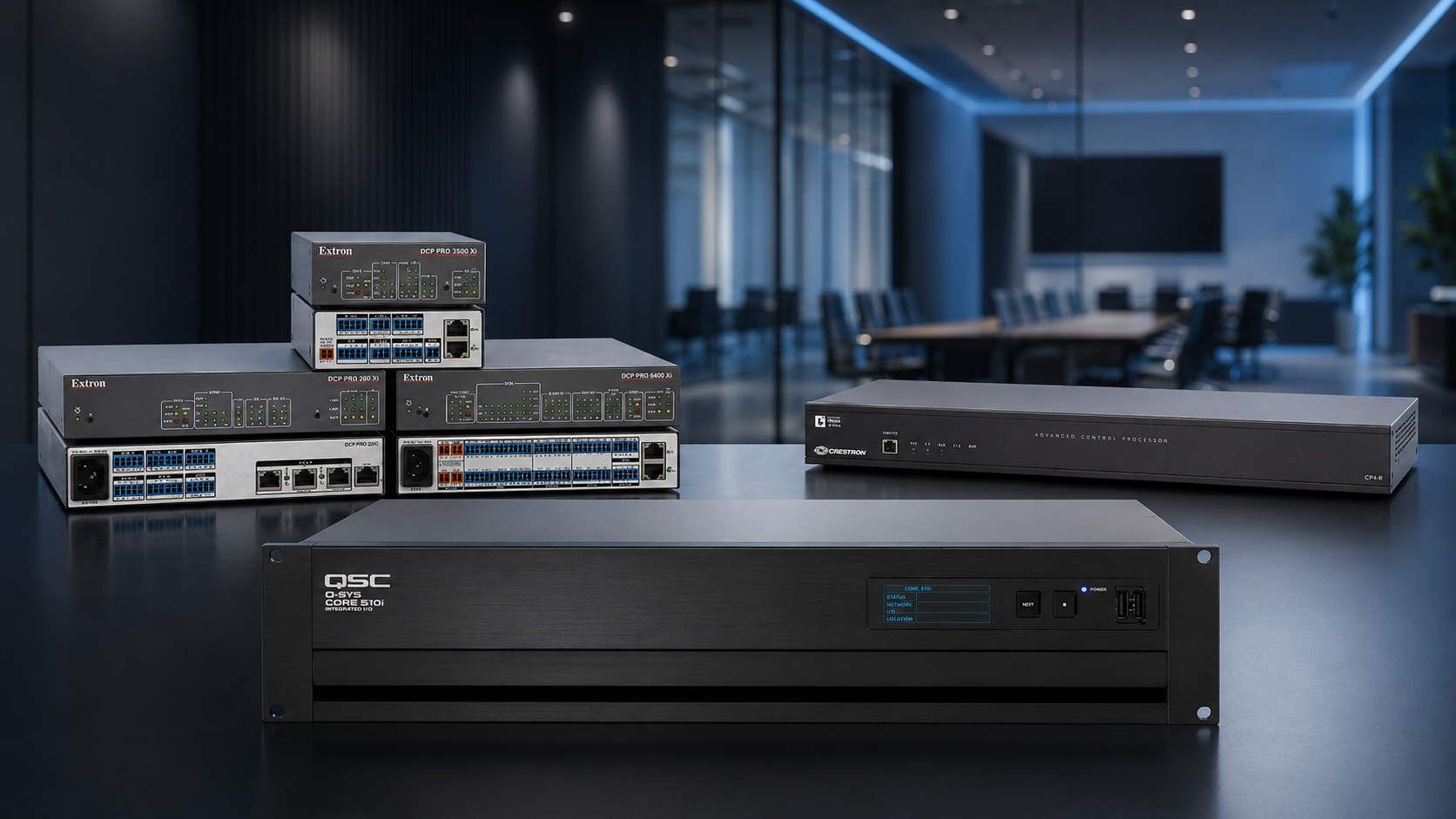 Q-SYS, Crestron and Extron commercial AV control processors displayed in a modern meeting room