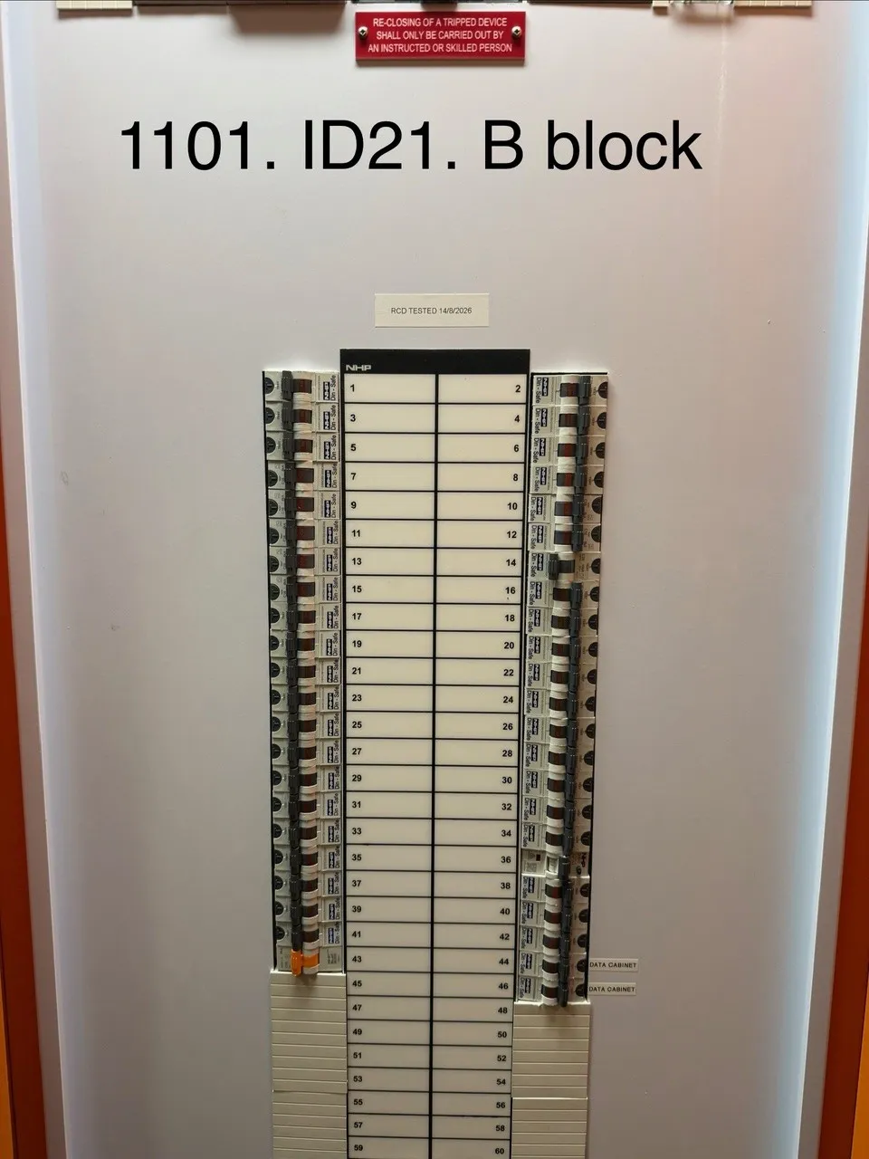 Robert Townson High School B Block distribution board, identified as 1101 ID21, with an RCD tested label dated 14 August 2026