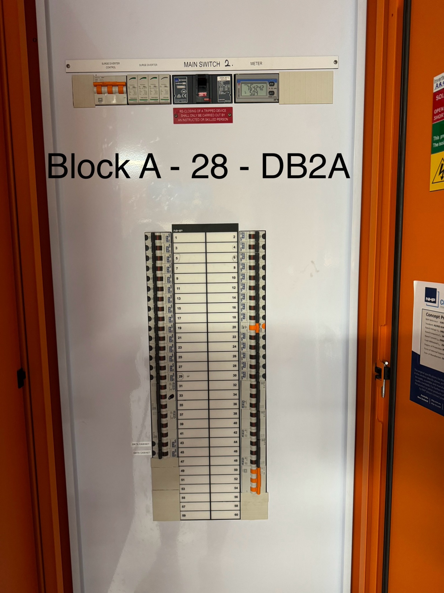 Robert Townson High School A Block distribution board marked Block A 28 DB2A, inside an orange enclosure