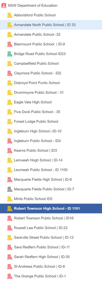 Current Masters Voice RCD testing portfolio showing 28 NSW Department of Education schools, with Robert Townson High School selected