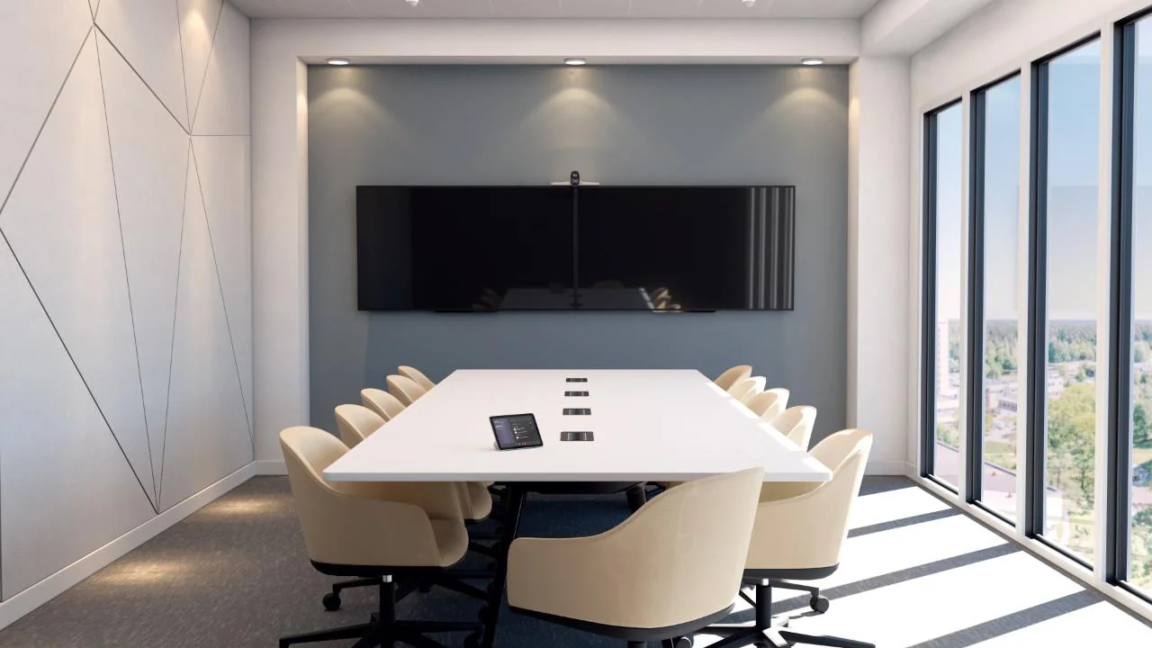 Meeting room with dual displays, a conferencing camera and tabletop touch controller