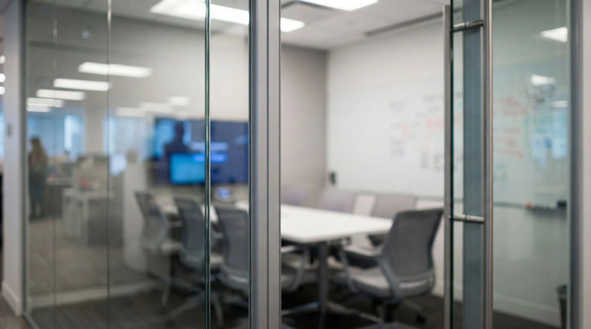 Six-person meeting room viewed through a glass partition