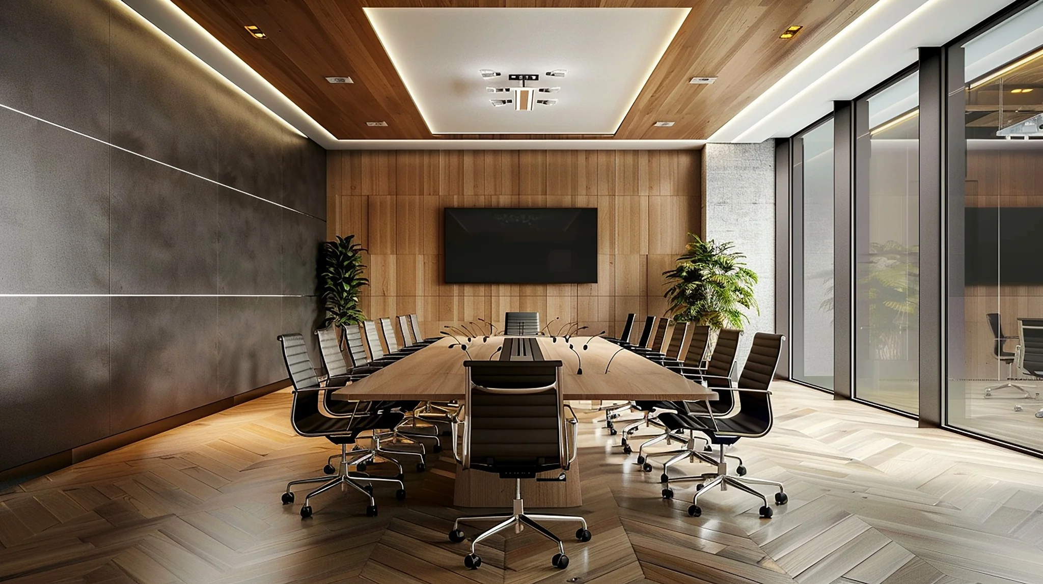 Video conferencing boardroom with a wall-mounted display and meeting table