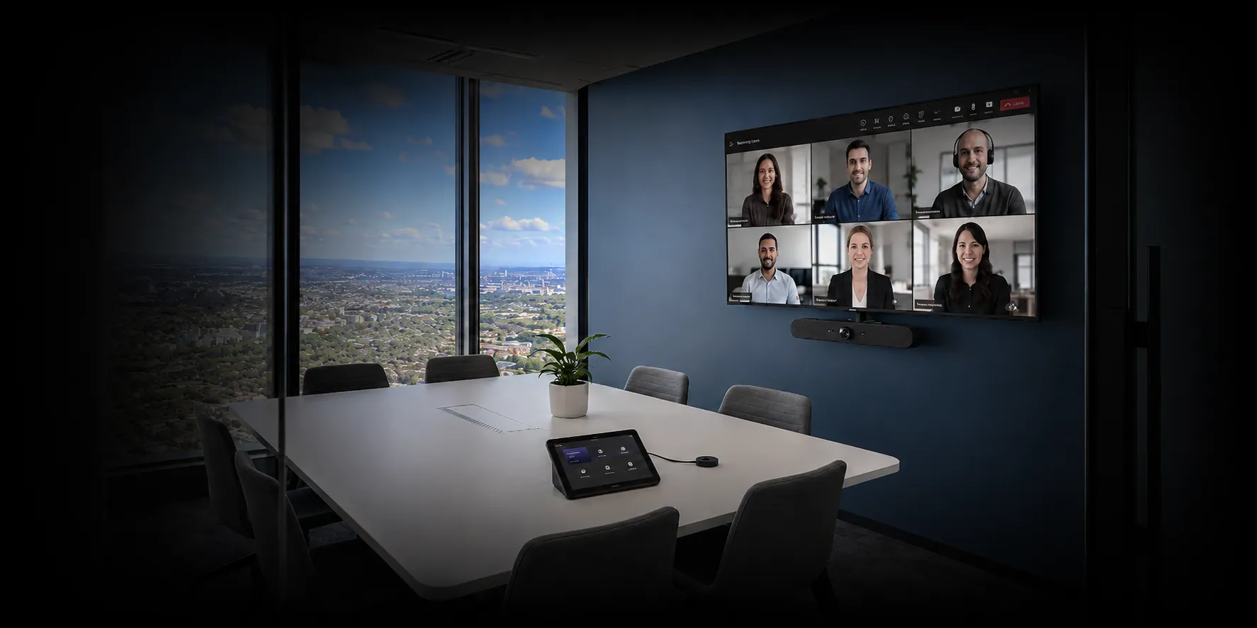 Illustrative meeting room with display, video bar and touch controller