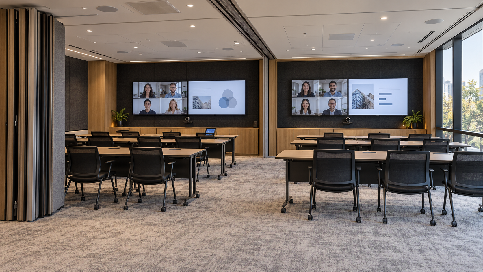 Illustrative divisible training room with an operable partition, dual displays and video conferencing cameras