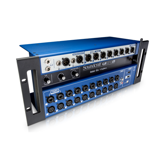 Soundcraft Ui24R rack-mounted digital mixer showing its audio inputs and outputs