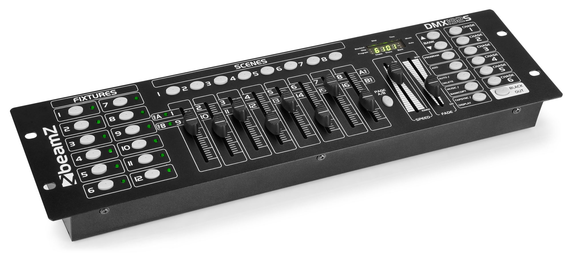 BeamZ DMX192S lighting controller showing scene buttons and control faders