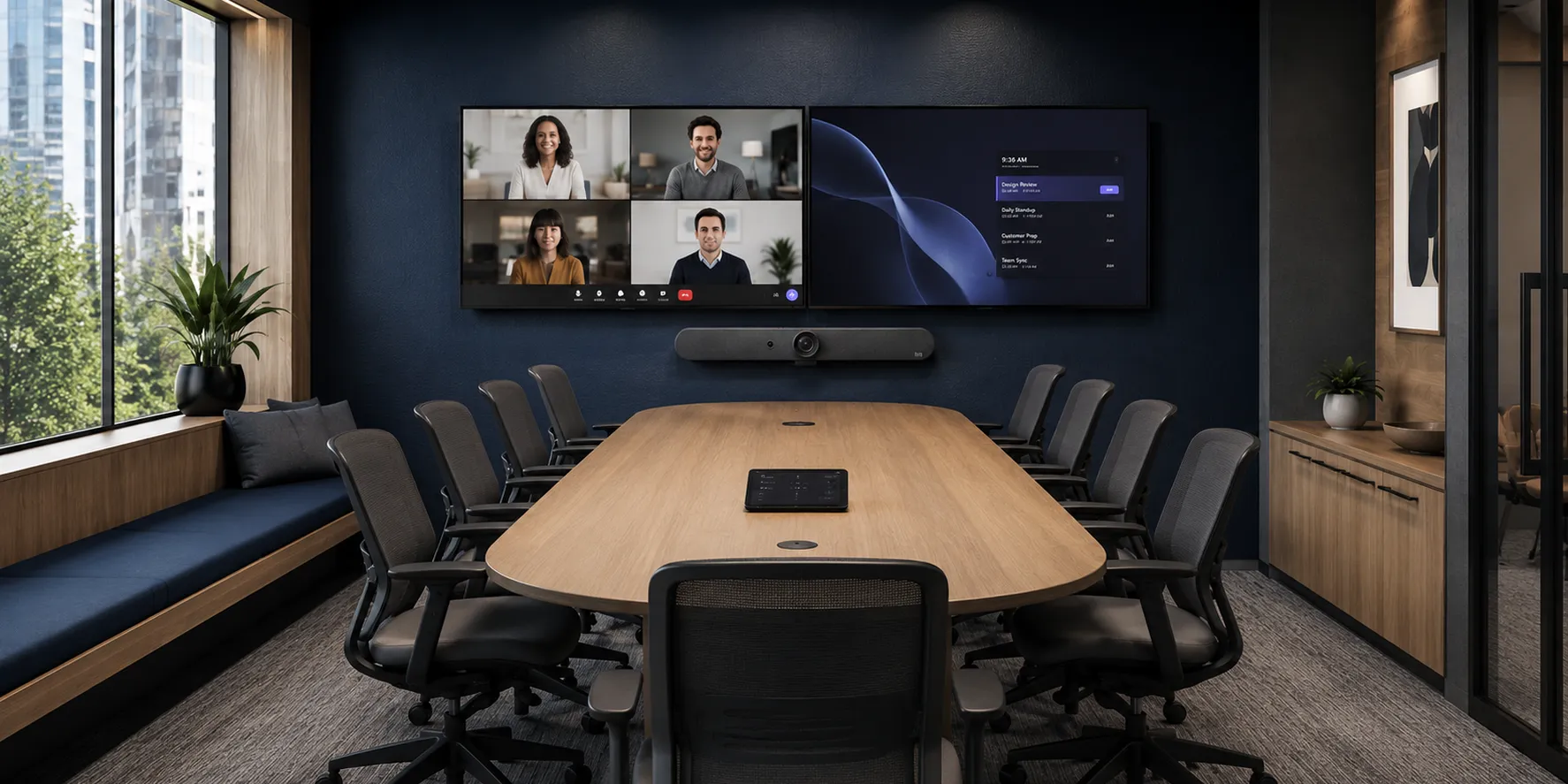 Corporate meeting room with Logitech video conferencing installed by Masters Voice Technology