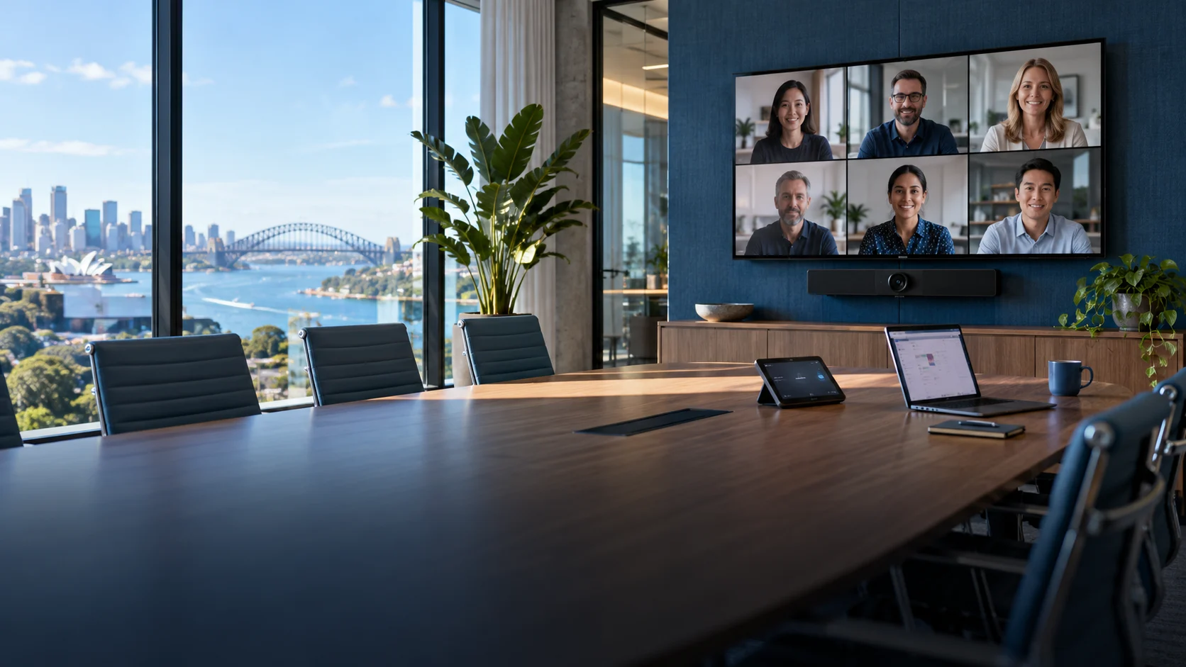 Illustrative Sydney meeting room with video conferencing camera, touch controller and laptop for Google Meet and Microsoft Teams calls