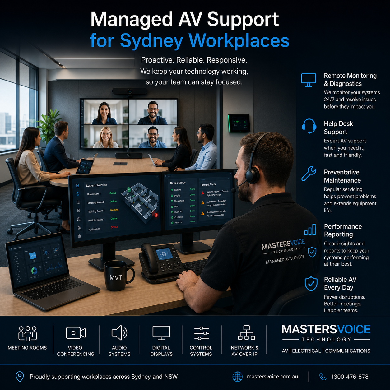 Managed AV support for Sydney workplace meeting rooms and commercial audio visual systems.
