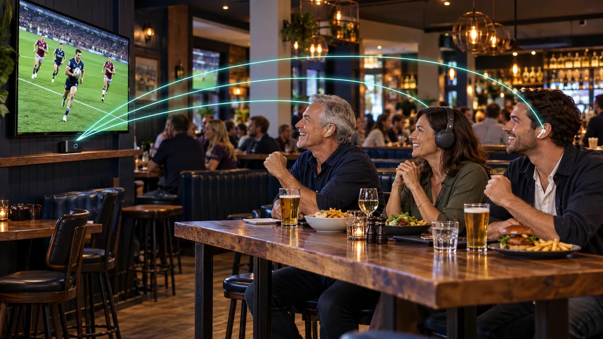 Illustration of three sports pub visitors sharing TV audio through Auracast using a hearing aid, headphones and earbuds