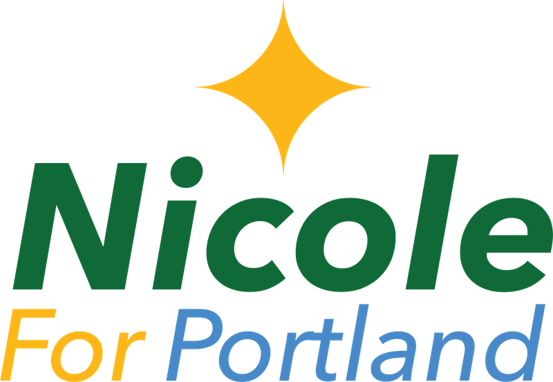 The logo for Nicole for Portland, using the same green yellow and blue colors of the Portland flag, plus a yellow star above.