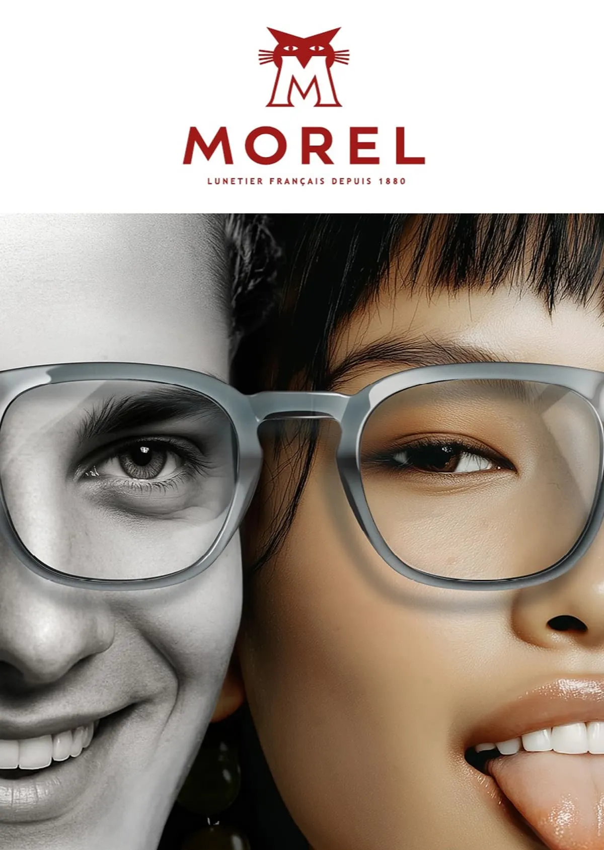 Close-up of a smiling man and a woman wearing large clear eyeglasses, with the man’s face in black and white and the woman sticking out her tongue.