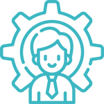 Turquoise gear icon with eight teeth on black background.