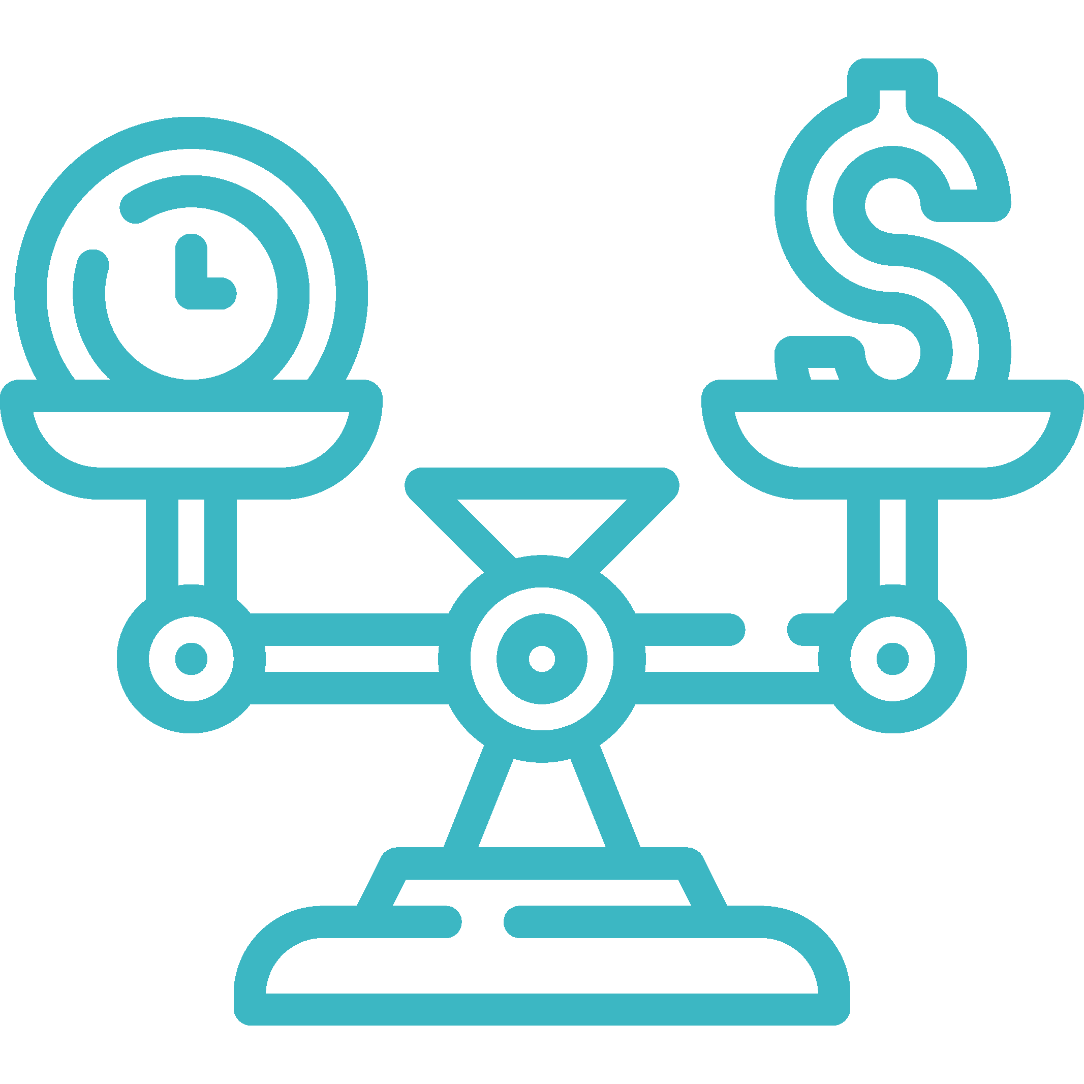 Illustration of a balance scale weighing a clock on the left side and a dollar sign on the right side, symbolizing time versus money.