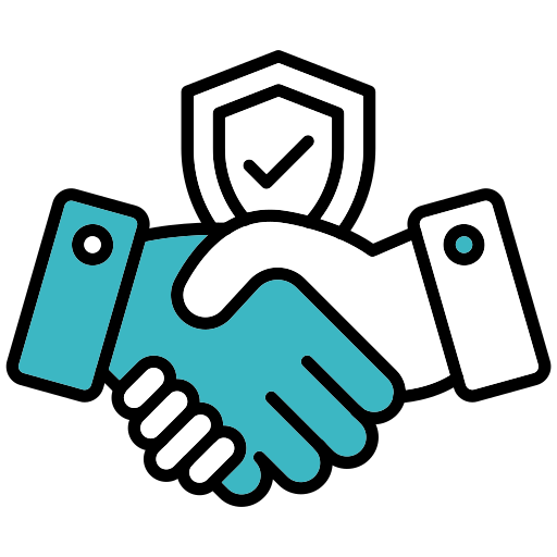 Illustration of a handshake with a shield and checkmark symbolizing trust or partnership.