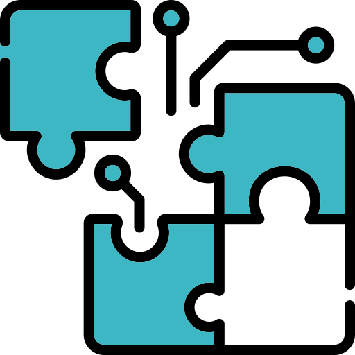 Four connected puzzle pieces with three teal and one white piece.
