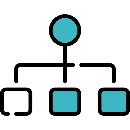 Simple organizational chart icon with one circle connected to three squares, two filled and one empty.