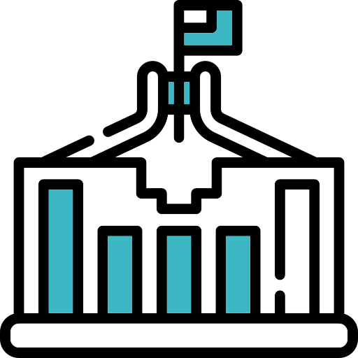 Illustration of a drone flying above a city skyline with bar chart buildings.