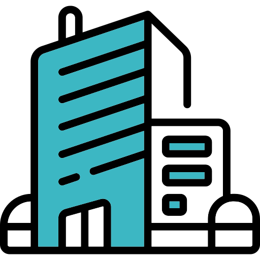 Illustration of modern office buildings with a tall teal skyscraper and a smaller white adjacent building.