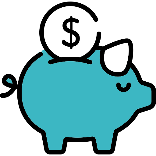 Blue piggy bank with a coin featuring a dollar sign being inserted.