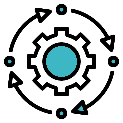 White gear icon with a blue center surrounded by small blue and white triangles and circles on a black background.