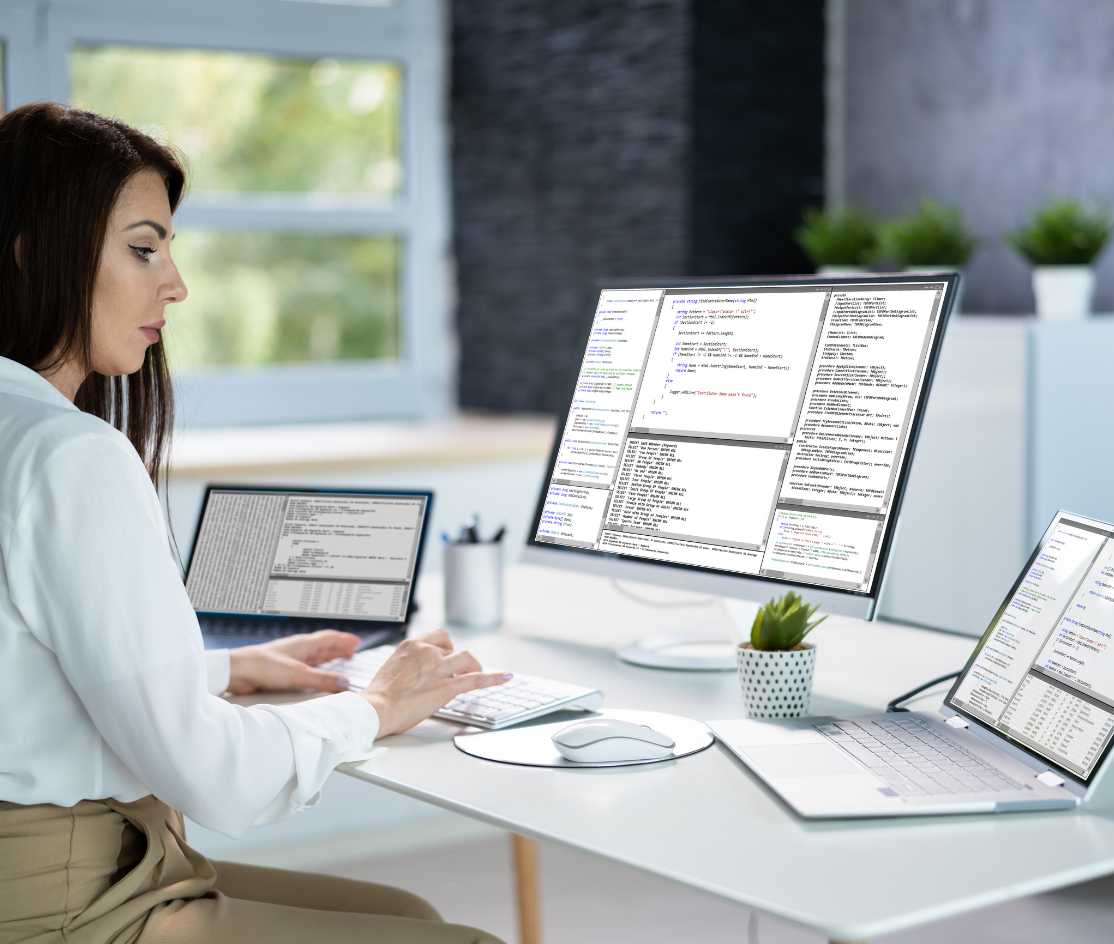 Femme travaillant sur ordinateur avec plusieurs écrans affichant du code informatique.